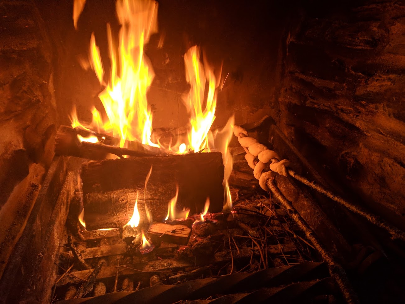 Bread sticks roasting in a campfire.