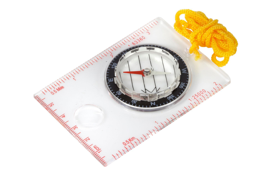 Orienteering compass with see-through base plate and rotating bezel.