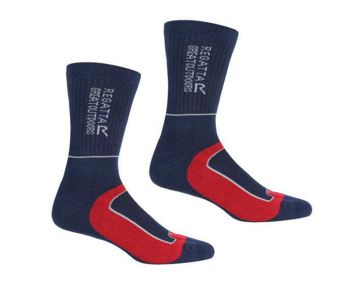 Blue walking socks with red highlights